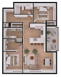 A floor plan of a house with a kitchen, living room, dining room, and two bedrooms.