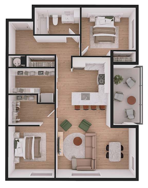 A floor plan of a house with a kitchen, living room, dining room, and two bedrooms.