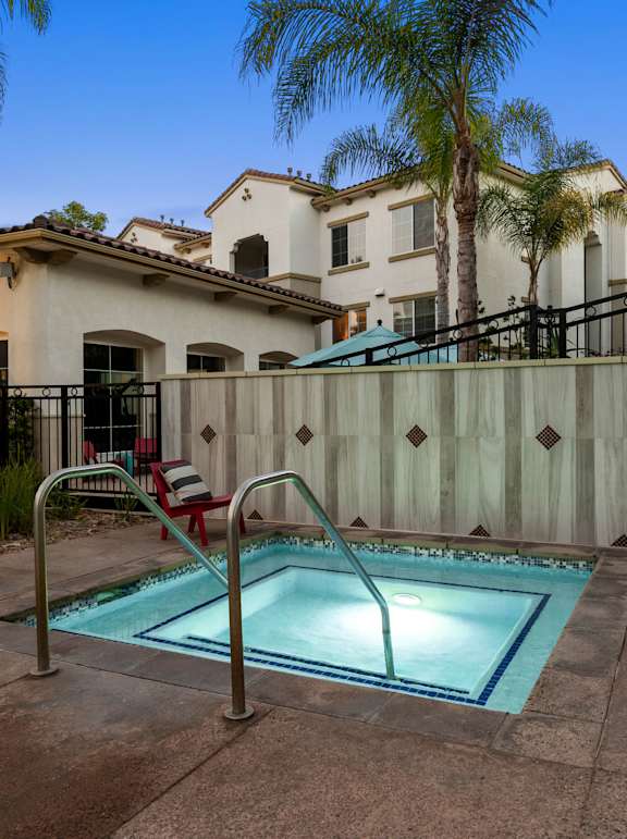 Outdoor spa with lounge chairs and palm trees.