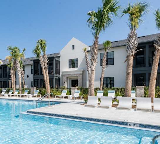 a swimming pool with palm trees and apartments in the background at Residences at 393 North Apartments, Florida