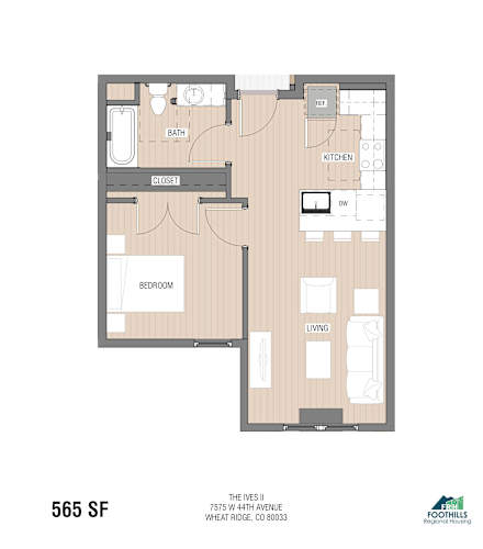 Floor Plan  A floor plan of a 1 bedroom unit at The Ives II