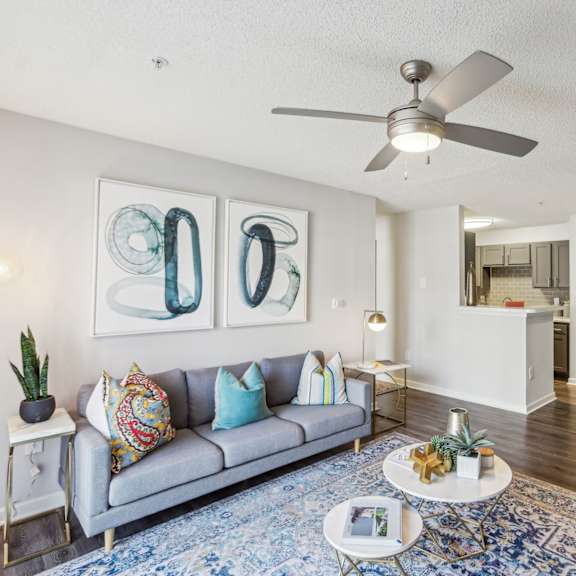 A living room with a grey couch and a white coffee table.