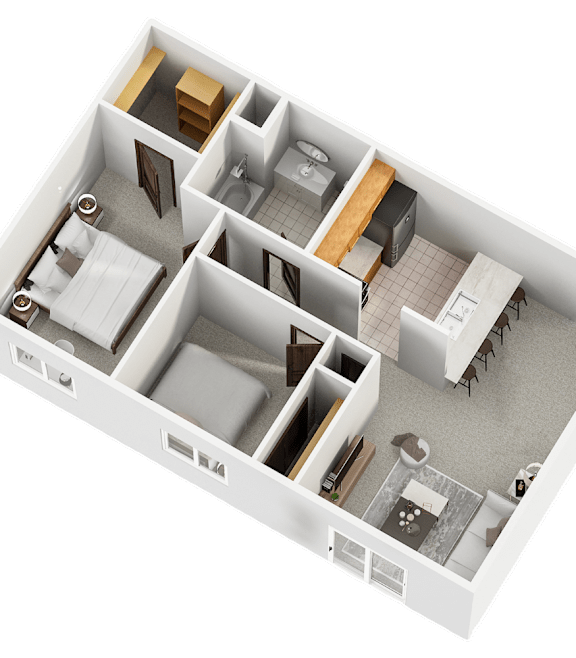 A 3D rendered image of a house layout.
