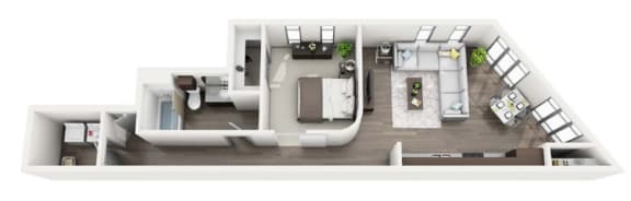 a stylized floor plan of a small apartment with a bedroom and a living room