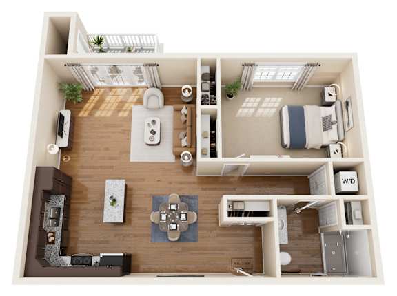 A 3D floor plan of a house with a kitchen, living room, dining room, and bedrooms.