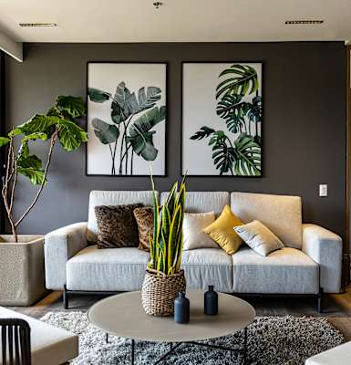 A living room with a white couch, a coffee table, and two large paintings on the wall.