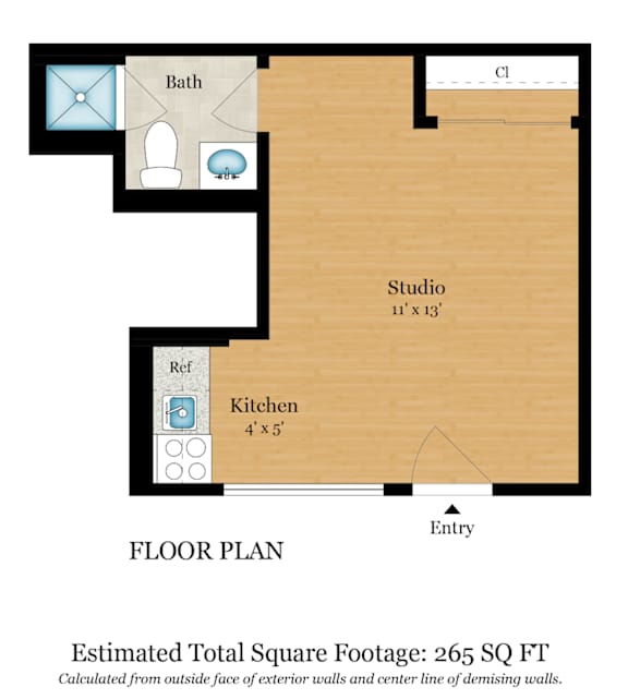 A floor plan of a house with a total estimated square footage of 905.