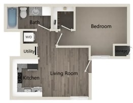 a splitscreen image of a floor plan of a studio apartment