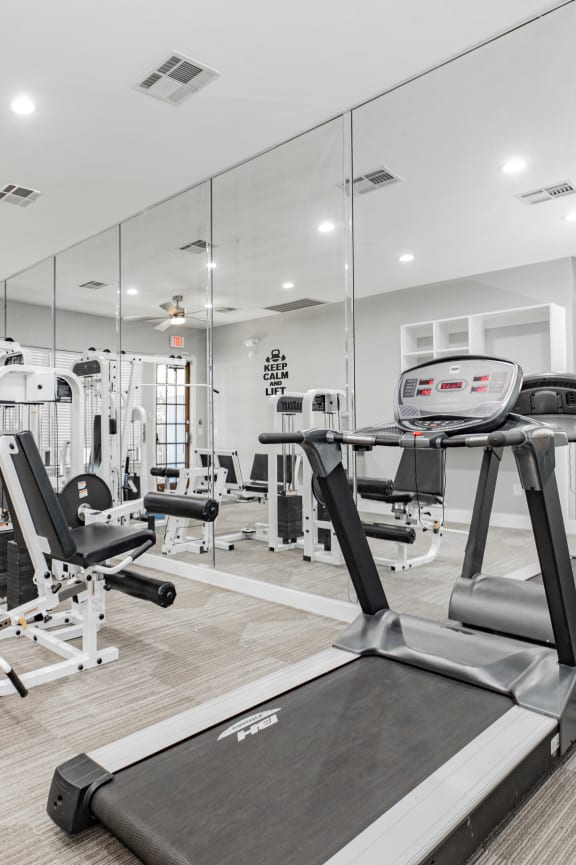 a gym with weights and cardio machines in it