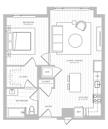 A floor plan of a house with a kitchen, living room, and two bedrooms.