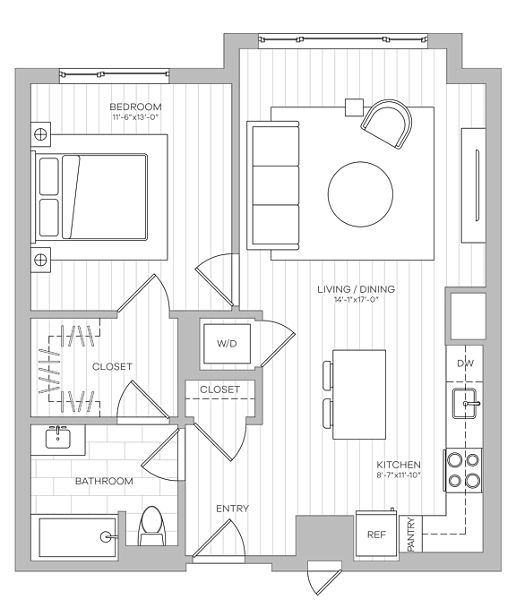 A floor plan of a house with a kitchen, living room, and two bedrooms.