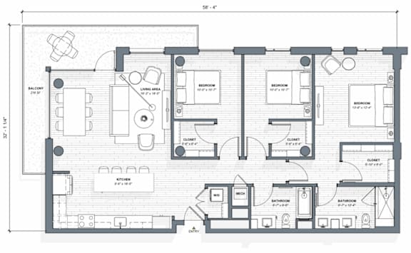 52 TEN C1 Floorplan, 2 bed 2 bath