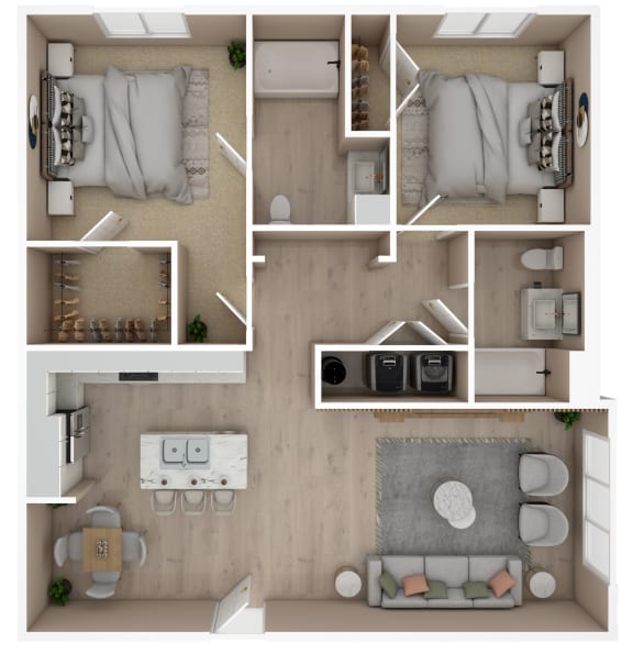 Floor Plan  2 Bed 2 Bath Floor Plan | 1,025 Sq. Ft. at the Met Apartment Homes at The Met Apartment Homes, Hattiesburg, Mississippi