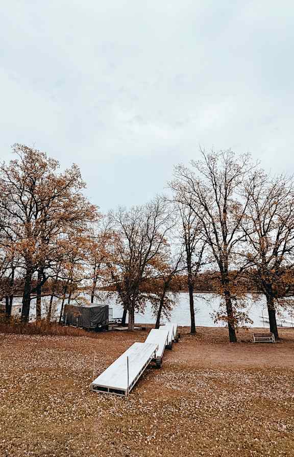 A field with a white shed and trees in the background.
