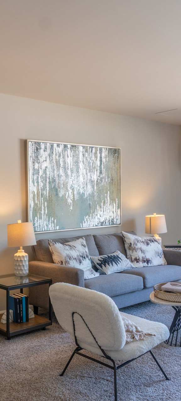 A living room with a grey couch and a patterned rug.