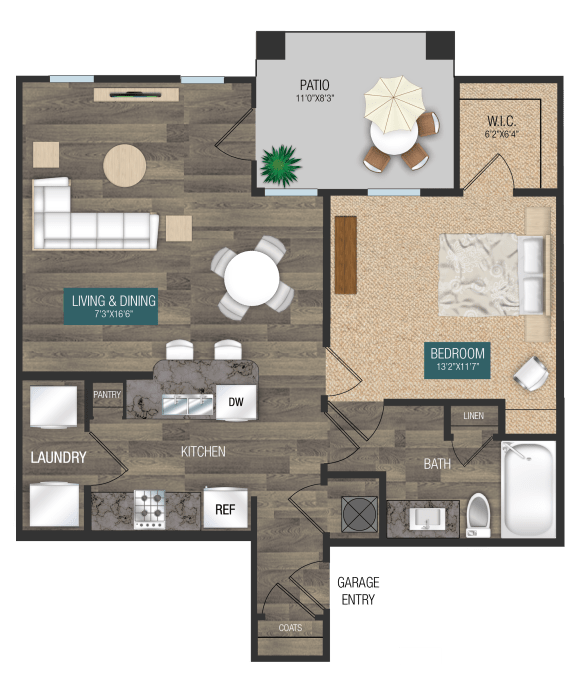 A1 Floorplan  1 bedroom 1 bath 757SF offered with and without a garage at Verso Apartments, Davenport, FL, 33896
