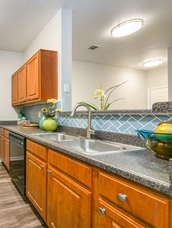 a kitchen with wood cabinets and black appliances and a sink at Sunrise Canyon, Texas