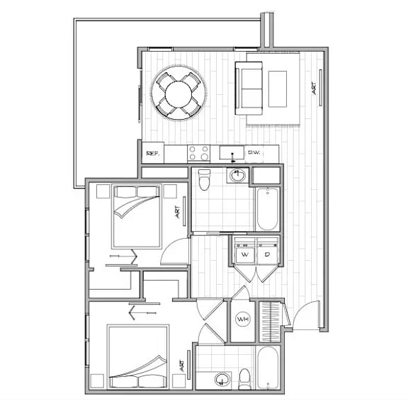 A floor plan of a house with a kitchen, living room, and two bedrooms.