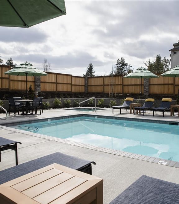 Heather Lodge swimming pool, lounge chairs, and ubrellas