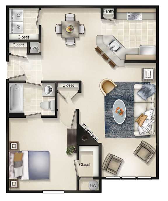 1 Bed 1 Bath Floor Plan at Brittany Commons Apartments, Spotsylvania, 22553