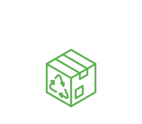 A set of four green icons depicting a building with a plant, a washing machine, a recycling symbol, and a dumbbell.