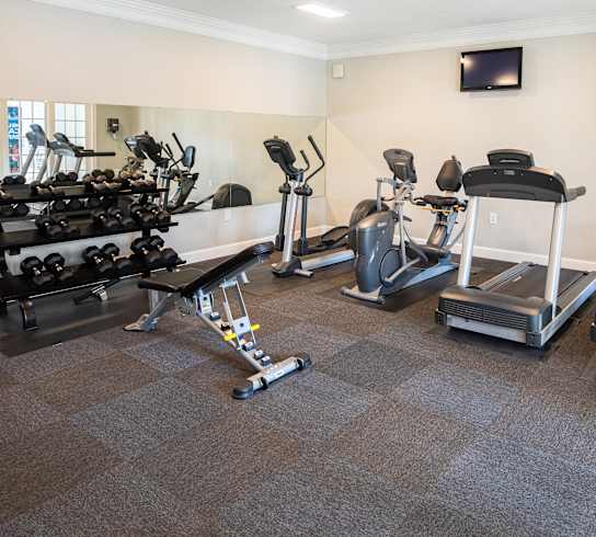 A spacious home gym with a variety of exercise equipment.