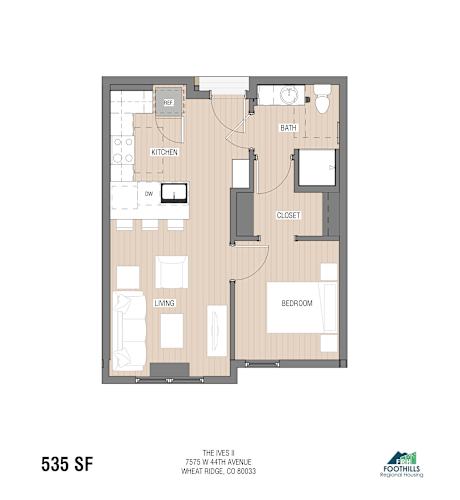 Floor Plan  A floor plan of a 1 bedroom unit at The Foxes Place.