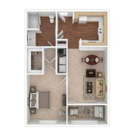A floor plan of a house with a kitchen, living room, and bathroom.