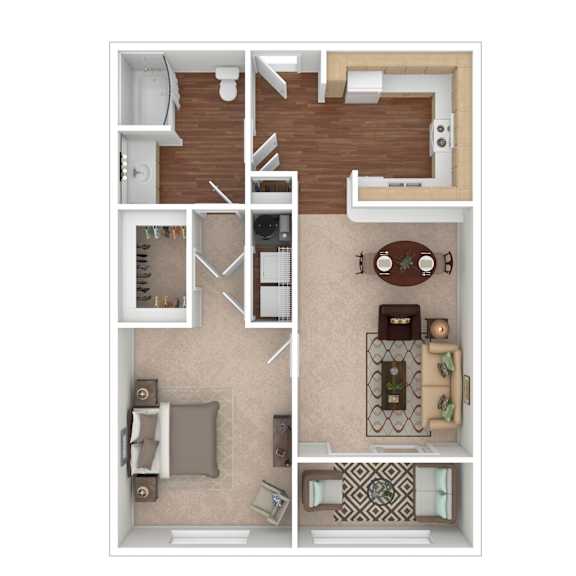 A floor plan of a house with a kitchen, living room, and bathroom.