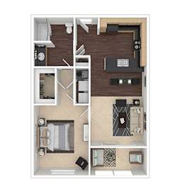 A floor plan of an apartment with a kitchen, living room, and two bedrooms.