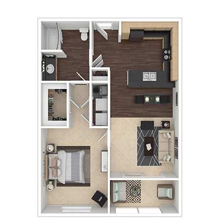 A floor plan of an apartment with a kitchen, living room, and two bedrooms.