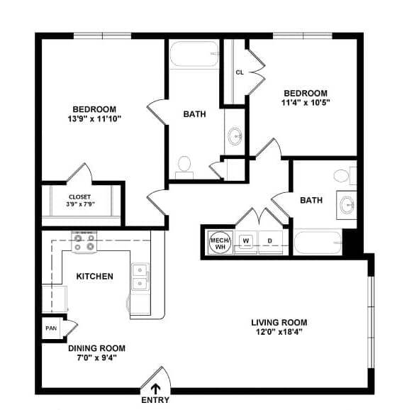 A black and white image of a floor plan for a home with a living room, dining room, kitchen, and two bedrooms.