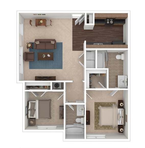 A floor plan of a small apartment with a living room, kitchen, and bathroom.