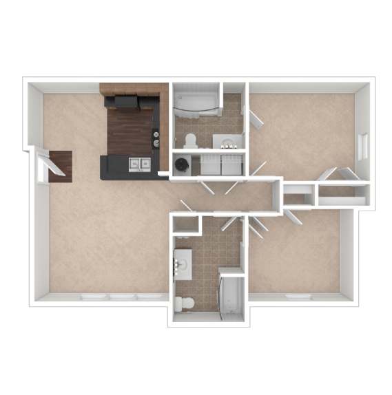 A floor plan of a small apartment with a kitchen, living room, and bathroom.