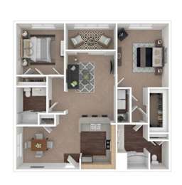 A floor plan of a small apartment with a kitchen, living room, and two bedrooms.