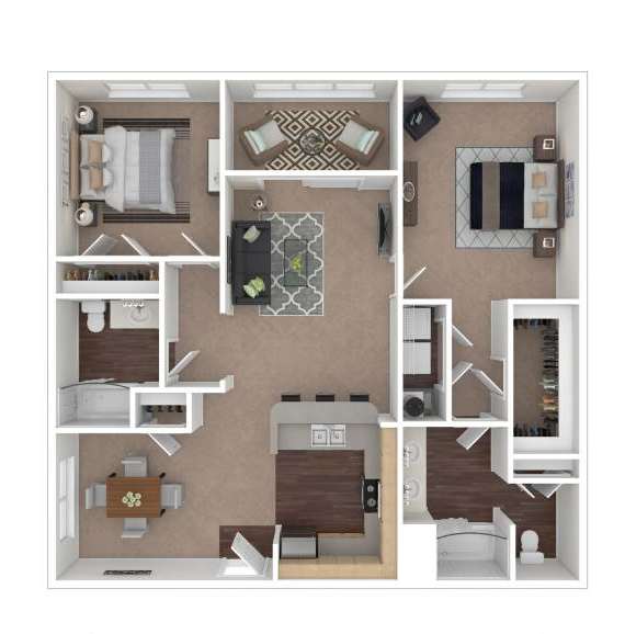 A floor plan of a small apartment with a kitchen, living room, and two bedrooms.