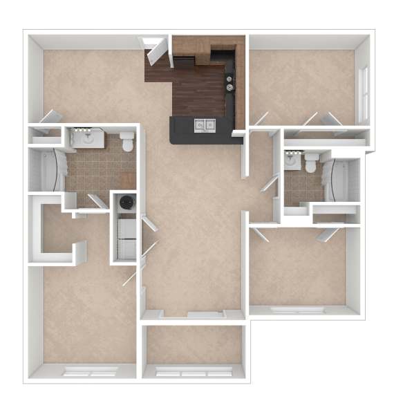 A floor plan of a house with a kitchen, living room, and two bedrooms.