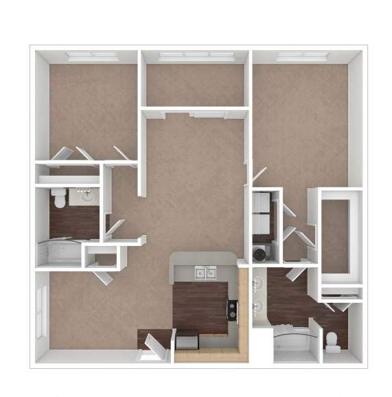 A 3D rendered image of a house layout.