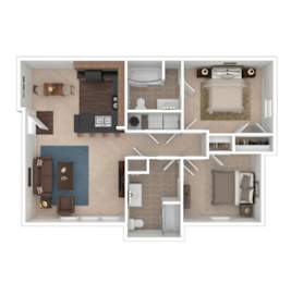 A floor plan of a house with two bedrooms, a living room, a kitchen, and a bathroom.