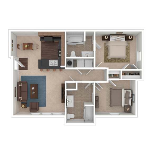 A floor plan of a house with two bedrooms, a living room, a kitchen, and a bathroom.