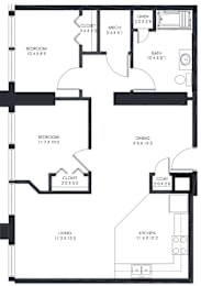 This is a sample two bedroom floor plan in Call Terminal Apartments.  Schedule a tour to see what's available now.
