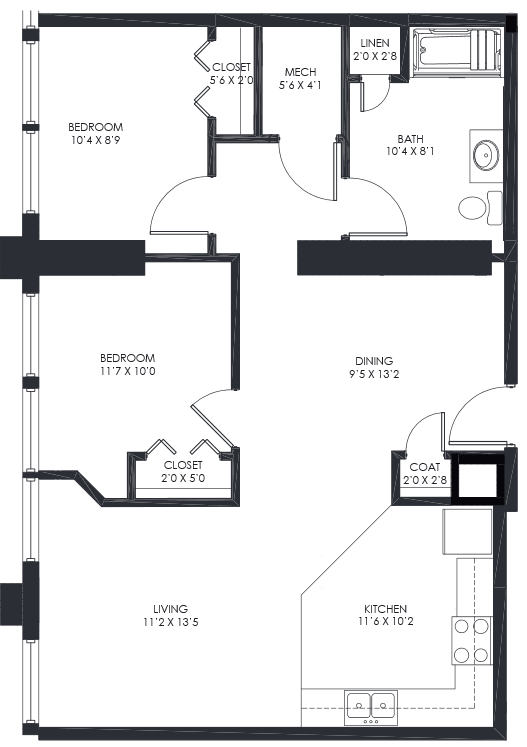 This is a sample two bedroom floor plan in Call Terminal Apartments.  Schedule a tour to see what's available now.