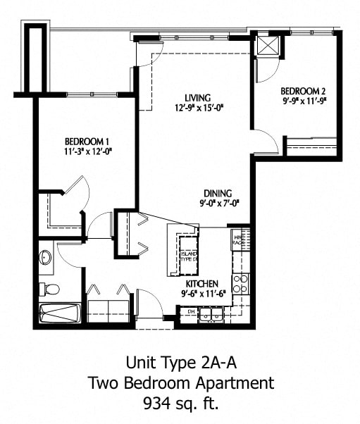Two Bedroom floor plan at The Bluffs at Nine Mile Creek, Eden Prairie, 55344