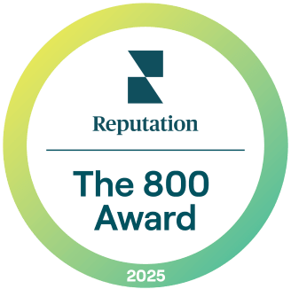 A circular logo with the text "Reputation The 800 Award 2025".