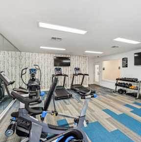 A gym with a variety of equipment including treadmills, stationary bikes, and weight machines.at Chapel View, Chapel Hill