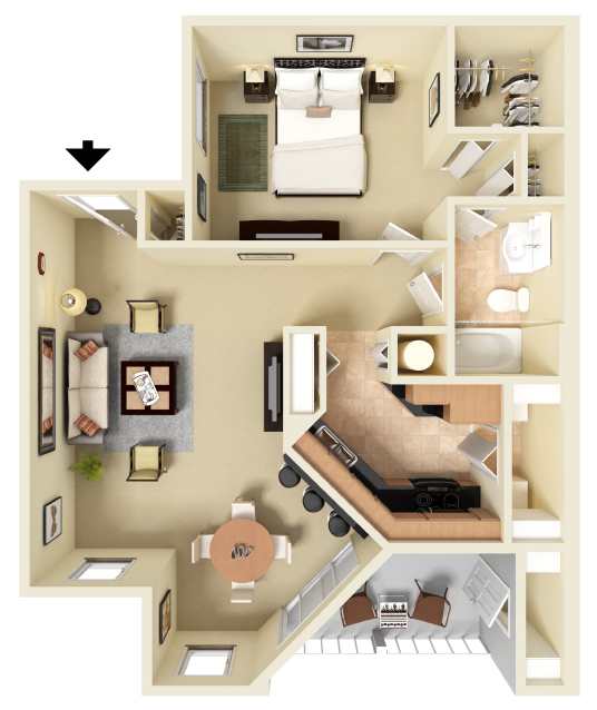 Furnished 3D floor plan of the Amelia one-bedroom apartment at Providence at Palm Harbor, staged to demonstrate furniture placement throughout the living, dining, and bedroom areas.