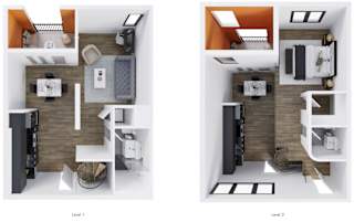 Two images showing the layout of a two-level apartment.