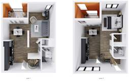 Two images showing the layout of a two-level apartment.