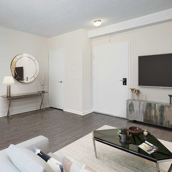 A gym with treadmills and exercise equipment. at Columbia Uptown Apartments, Washington