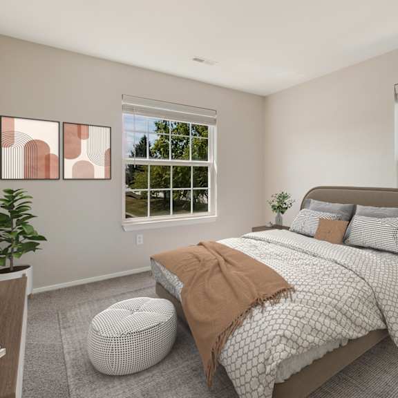 A bedroom with a large bed, a nightstand, and a window with a view of the sky.